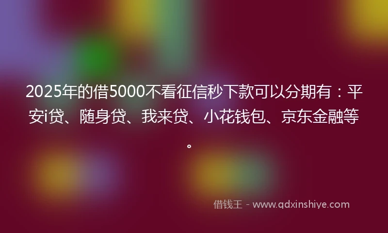 2025年的借5000不看征信秒下款可以分期有：平安i贷、随身贷、我来贷、小花钱包、京东金融等。
