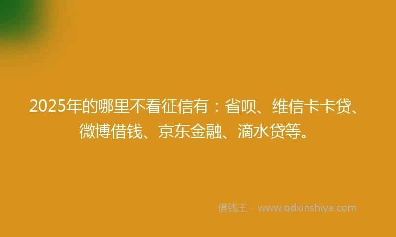 2025年的哪里不看征信有：省呗、维信卡卡贷、微博借钱、京东金融、滴水贷等。