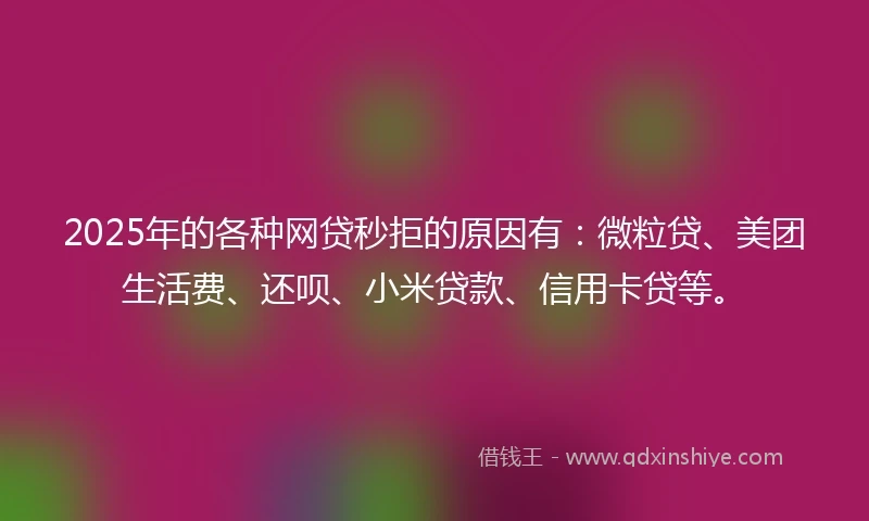 2025年的各种网贷秒拒的原因有：微粒贷、美团生活费、还呗、小米贷款、信用卡贷等。
