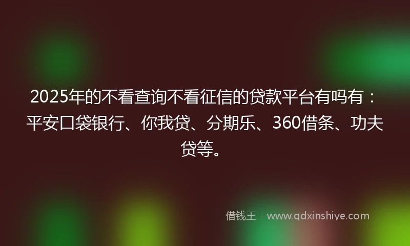 2025年的不看查询不看征信的贷款平台有吗有：平安口袋银行、你我贷、分期乐、360借条、功夫贷等。