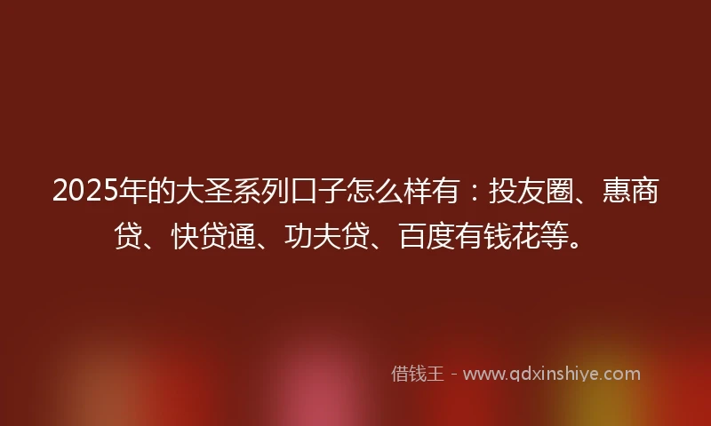 2025年的大圣系列口子怎么样有：投友圈、惠商贷、快贷通、功夫贷、百度有钱花等。