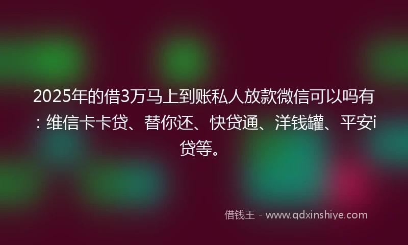 2025年的借3万马上到账私人放款微信可以吗有:维信卡卡贷、替你还、快贷通、洋钱罐、平安i贷等。