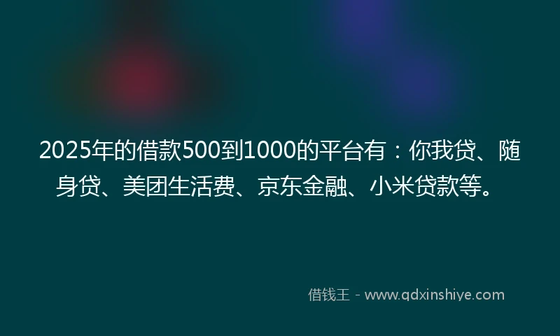 2025年的借款500到1000的平台有:你我贷、随身贷、美团生活费、京东金融、小米贷款等。