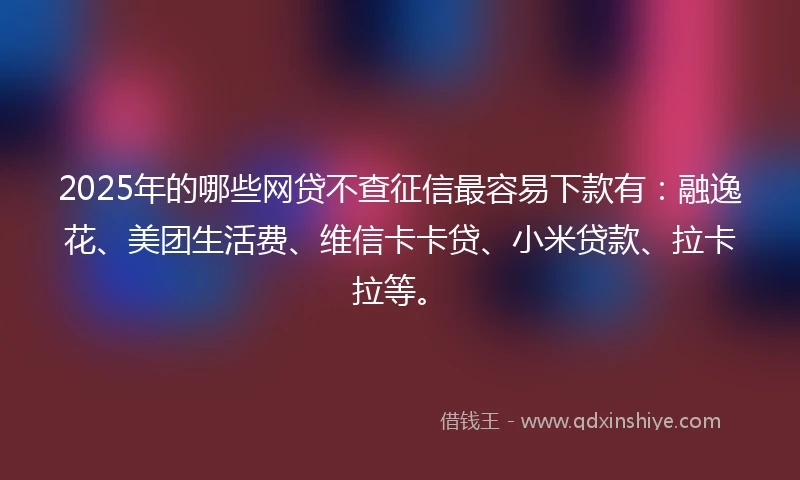 2025年的哪些网贷不查征信最容易下款有:融逸花、美团生活费、维信卡卡贷、小米贷款、拉卡拉等。