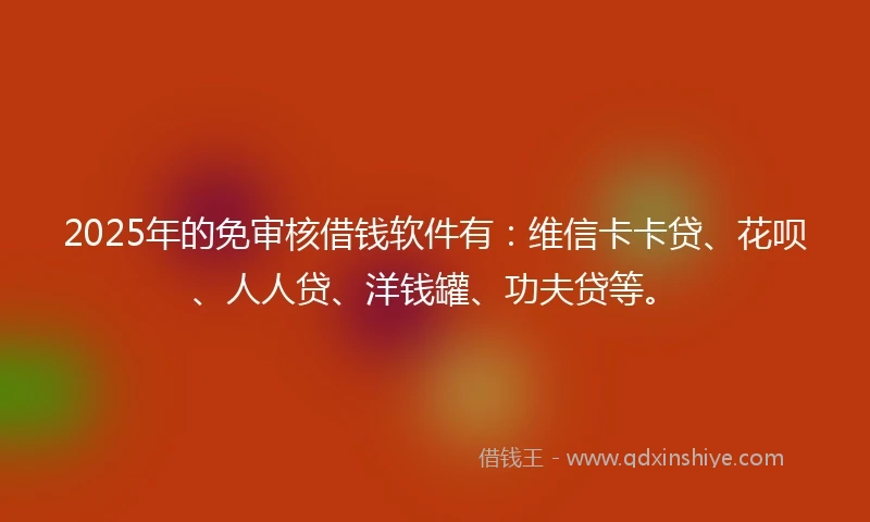 2025年的免审核借钱软件有：维信卡卡贷、花呗、人人贷、洋钱罐、功夫贷等。
