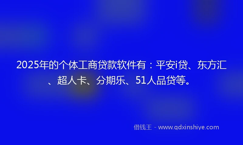 2025年的个体工商贷款软件有：平安i贷、东方汇、超人卡、分期乐、51人品贷等。