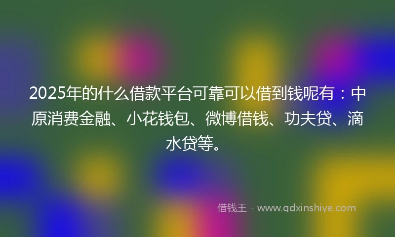 2025年的什么借款平台可靠可以借到钱呢有:中原消费金融、小花钱包、微博借钱、功夫贷、滴水贷等。