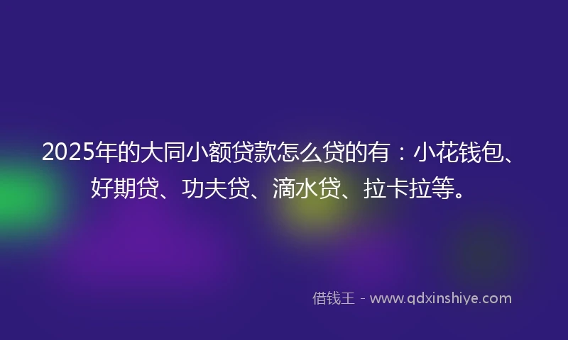 2025年的大同小额贷款怎么贷的有：小花钱包、好期贷、功夫贷、滴水贷、拉卡拉等。