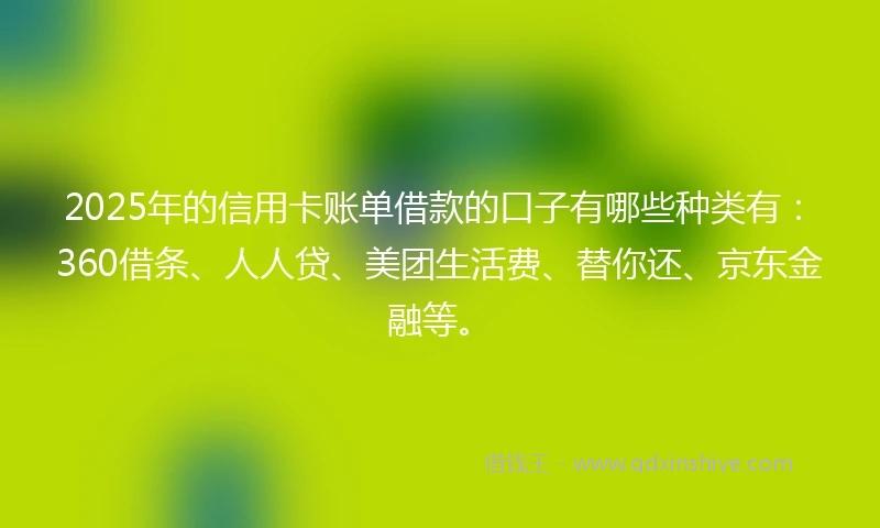 2025年的信用卡账单借款的口子有哪些种类有：360借条、人人贷、美团生活费、替你还、京东金融等。
