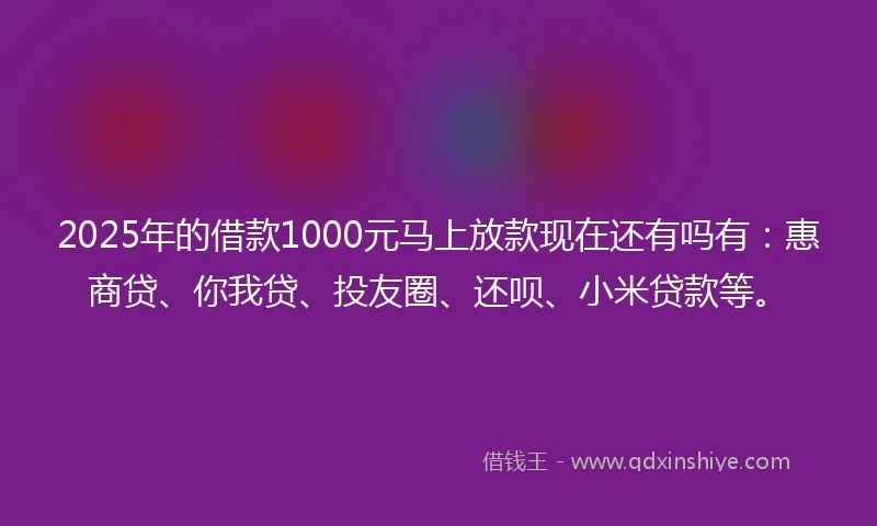 2025年的借款1000元马上放款现在还有吗有：惠商贷、你我贷、投友圈、还呗、小米贷款等。