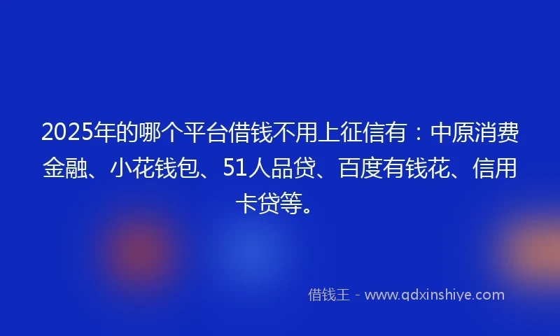 2025年的哪个平台借钱不用上征信有：中原消费金融、小花钱包、51人品贷、百度有钱花、信用卡贷等。