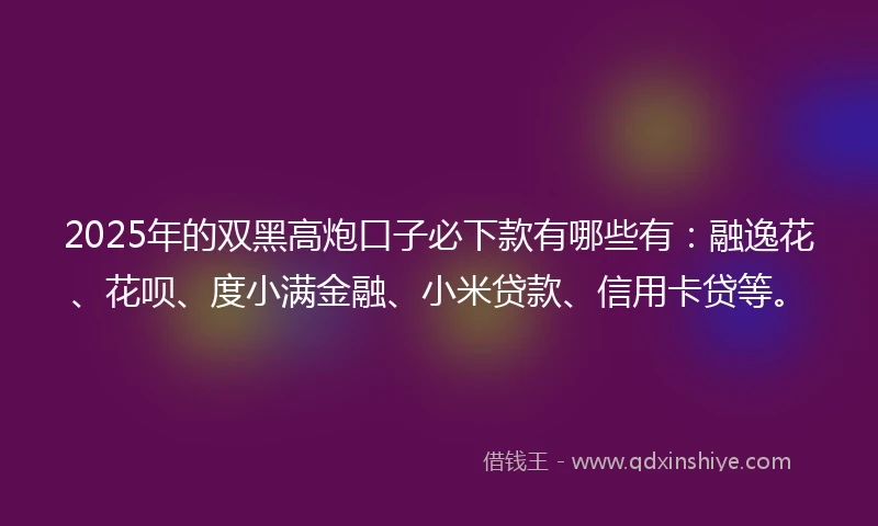 2025年的双黑高炮口子必下款有哪些有：融逸花、花呗、度小满金融、小米贷款、信用卡贷等。