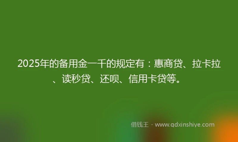 2025年的备用金一千的规定有：惠商贷、拉卡拉、读秒贷、还呗、信用卡贷等。