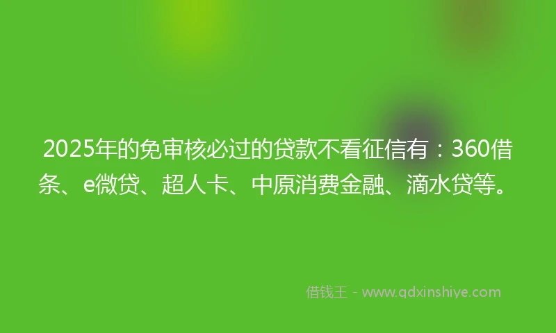 2025年的免审核必过的贷款不看征信有：360借条、e微贷、超人卡、中原消费金融、滴水贷等。