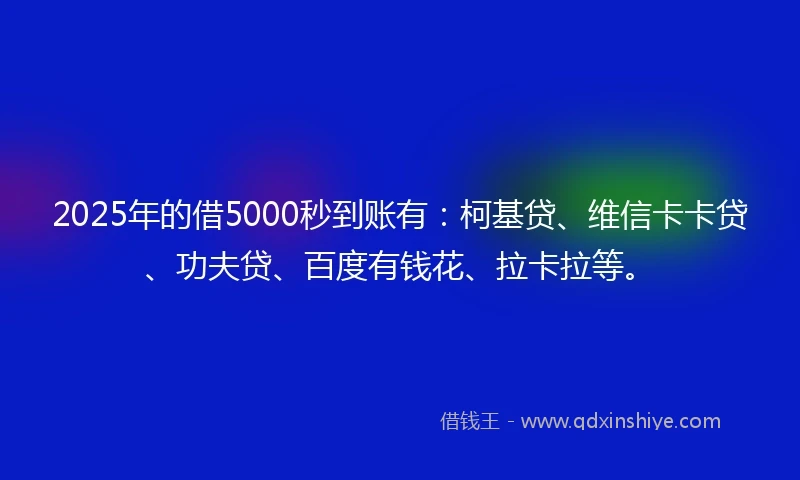 2025年的借5000秒到账有：柯基贷、维信卡卡贷、功夫贷、百度有钱花、拉卡拉等。
