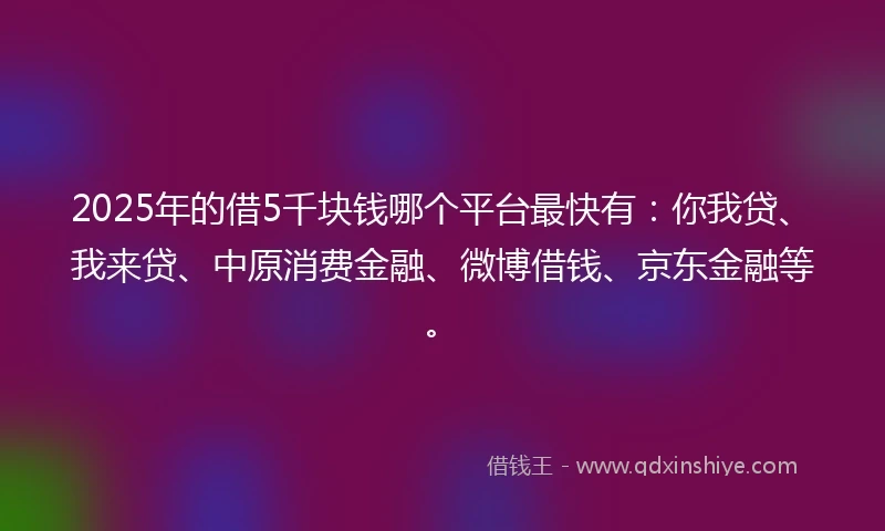 2025年的借5千块钱哪个平台最快有：你我贷、我来贷、中原消费金融、微博借钱、京东金融等。