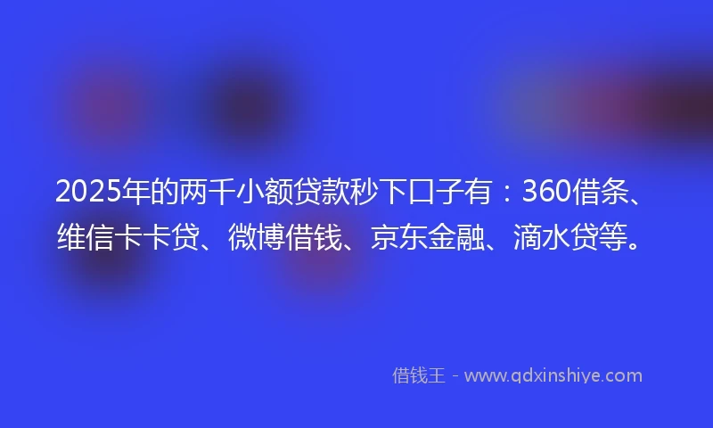 2025年的两千小额贷款秒下口子有：360借条、维信卡卡贷、微博借钱、京东金融、滴水贷等。