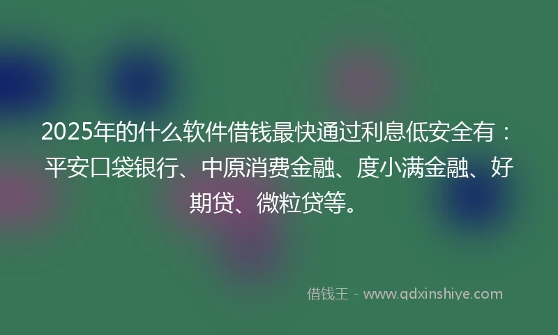 2025年的什么软件借钱最快通过利息低安全有：平安口袋银行、中原消费金融、度小满金融、好期贷、微粒贷等。