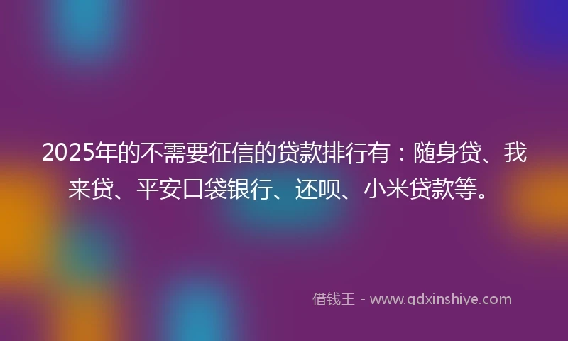 2025年的不需要征信的贷款排行有：随身贷、我来贷、平安口袋银行、还呗、小米贷款等。