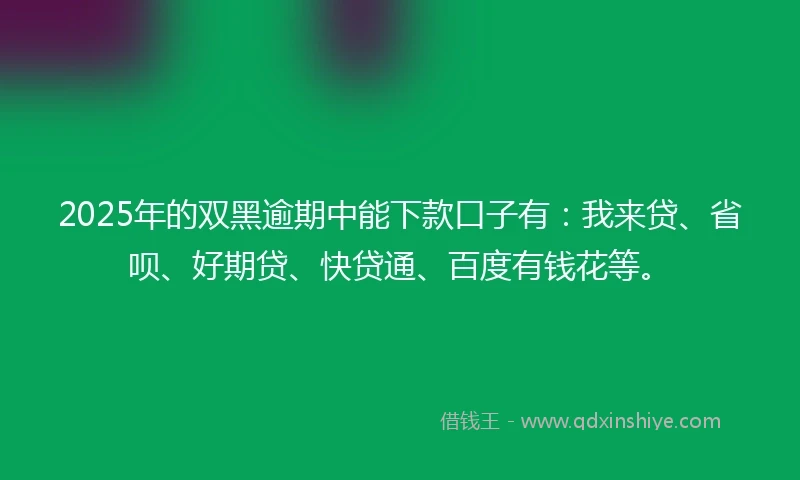 2025年的双黑逾期中能下款口子有：我来贷、省呗、好期贷、快贷通、百度有钱花等。