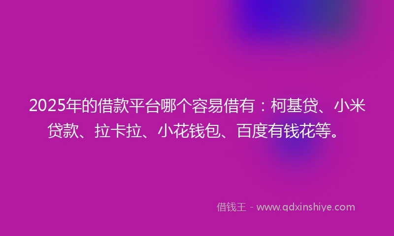 2025年的借款平台哪个容易借有：柯基贷、小米贷款、拉卡拉、小花钱包、百度有钱花等。