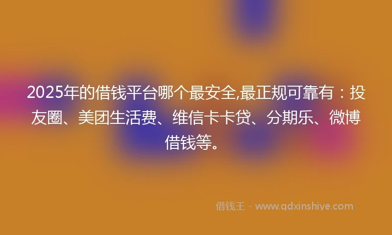 2025年的借钱平台哪个最安全,最正规可靠有：投友圈、美团生活费、维信卡卡贷、分期乐、微博借钱等。