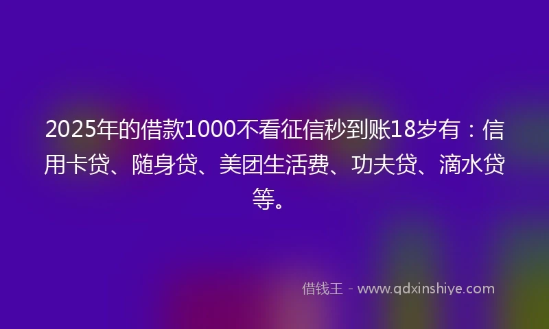 2025年的借款1000不看征信秒到账18岁有：信用卡贷、随身贷、美团生活费、功夫贷、滴水贷等。