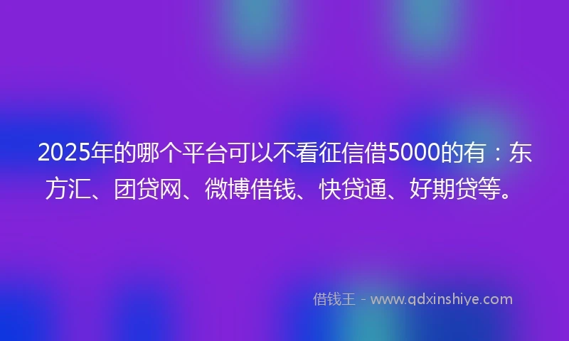 2025年的哪个平台可以不看征信借5000的有：东方汇、团贷网、微博借钱、快贷通、好期贷等。