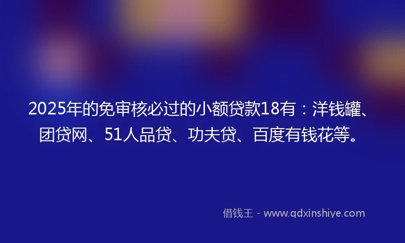 2025年的免审核必过的小额贷款18有：洋钱罐、团贷网、51人品贷、功夫贷、百度有钱花等。