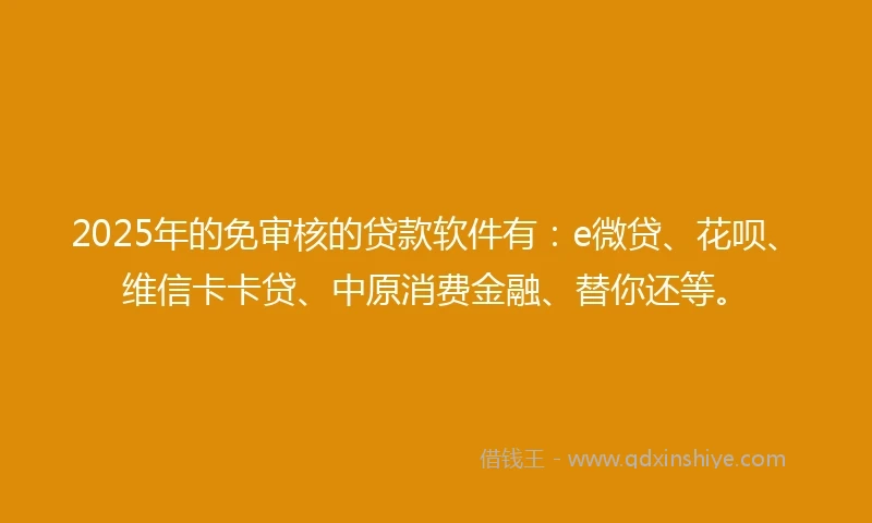 2025年的免审核的贷款软件有：e微贷、花呗、维信卡卡贷、中原消费金融、替你还等。