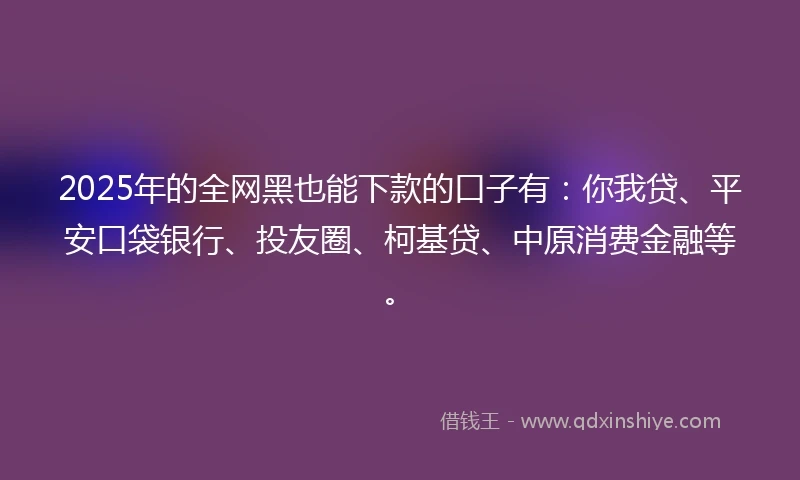 2025年的全网黑也能下款的口子有:你我贷、平安口袋银行、投友圈、柯基贷、中原消费金融等。