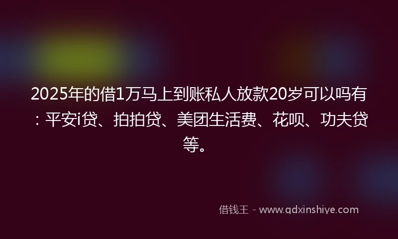 2025年的借1万马上到账私人放款20岁可以吗有：平安i贷、拍拍贷、美团生活费、花呗、功夫贷等。