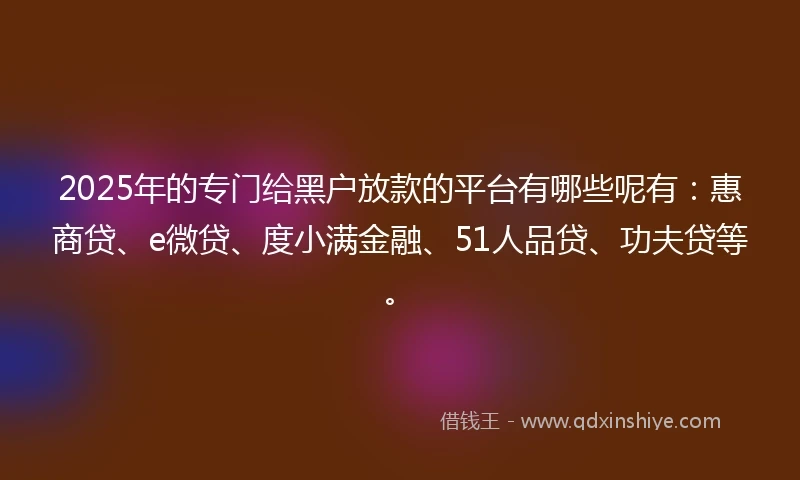 2025年的专门给黑户放款的平台有哪些呢有：惠商贷、e微贷、度小满金融、51人品贷、功夫贷等。