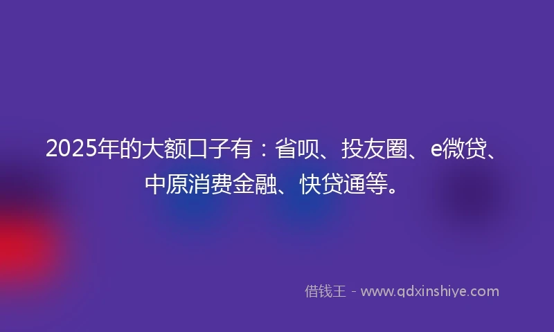 2025年的大额口子有：省呗、投友圈、e微贷、中原消费金融、快贷通等。