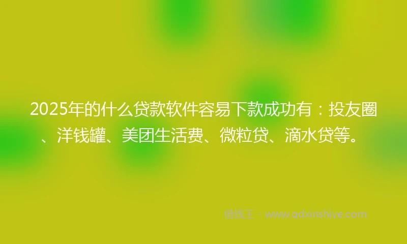 2025年的什么贷款软件容易下款成功有：投友圈、洋钱罐、美团生活费、微粒贷、滴水贷等。