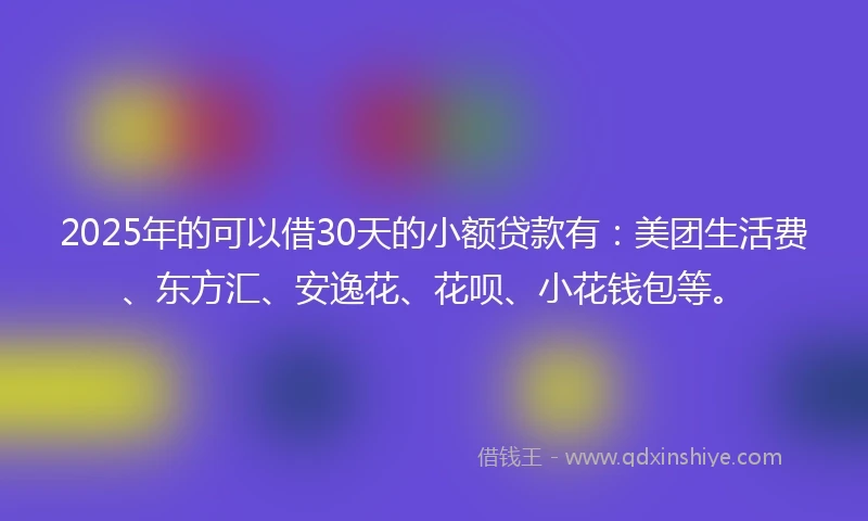2025年的可以借30天的小额贷款有：美团生活费、东方汇、安逸花、花呗、小花钱包等。
