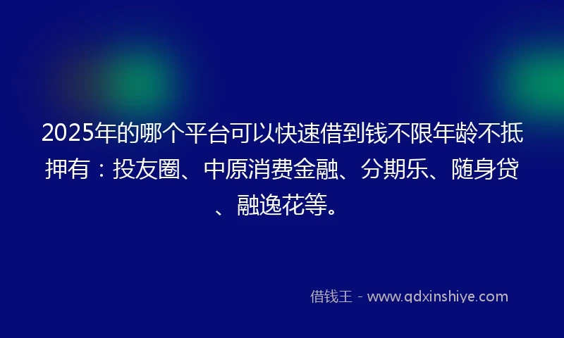 2025年的哪个平台可以快速借到钱不限年龄不抵押有：投友圈、中原消费金融、分期乐、随身贷、融逸花等。