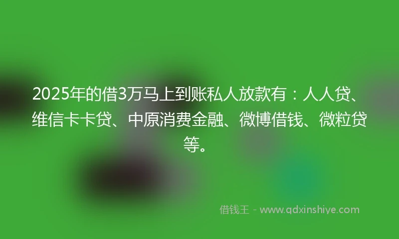 2025年的借3万马上到账私人放款有：人人贷、维信卡卡贷、中原消费金融、微博借钱、微粒贷等。