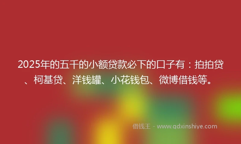 2025年的五千的小额贷款必下的口子有：拍拍贷、柯基贷、洋钱罐、小花钱包、微博借钱等。