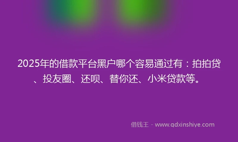 2025年的借款平台黑户哪个容易通过有：拍拍贷、投友圈、还呗、替你还、小米贷款等。