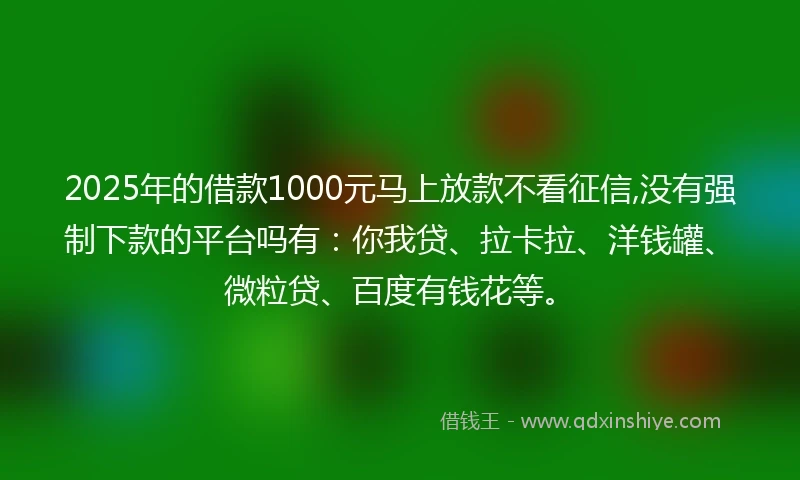 2025年的借款1000元马上放款不看征信,没有强制下款的平台吗有：你我贷、拉卡拉、洋钱罐、微粒贷、百度有钱花等。