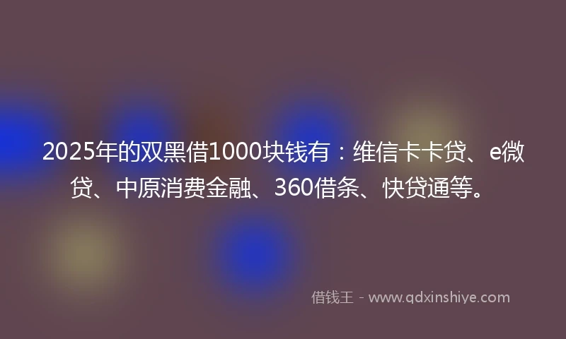 2025年的双黑借1000块钱有：维信卡卡贷、e微贷、中原消费金融、360借条、快贷通等。