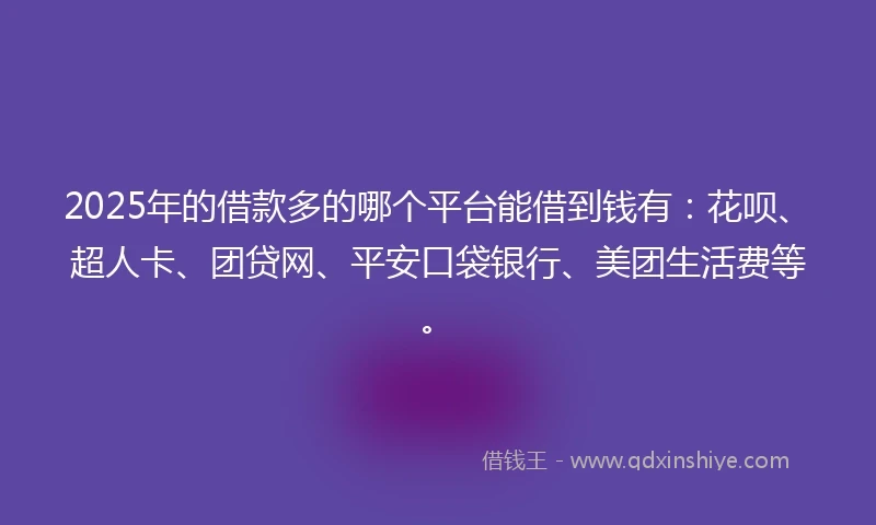 2025年的借款多的哪个平台能借到钱有：花呗、超人卡、团贷网、平安口袋银行、美团生活费等。