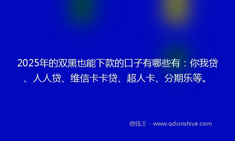 2025年的双黑也能下款的口子有哪些有：你我贷、人人贷、维信卡卡贷、超人卡、分期乐等。