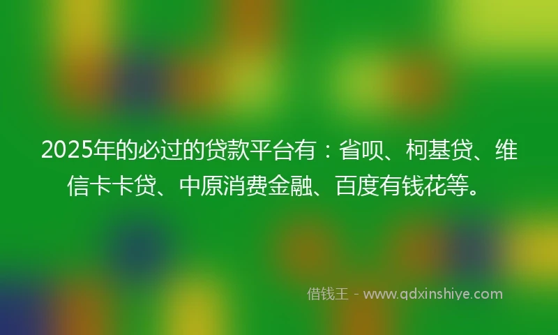 2025年的必过的贷款平台有：省呗、柯基贷、维信卡卡贷、中原消费金融、百度有钱花等。