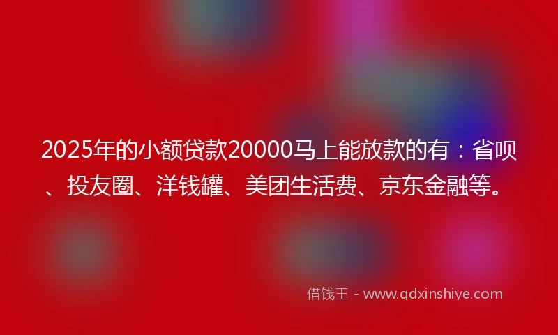 2025年的小额贷款20000马上能放款的有：省呗、投友圈、洋钱罐、美团生活费、京东金融等。