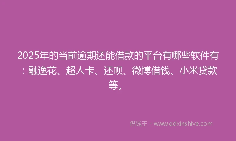 2025年的当前逾期还能借款的平台有哪些软件有：融逸花、超人卡、还呗、微博借钱、小米贷款等。