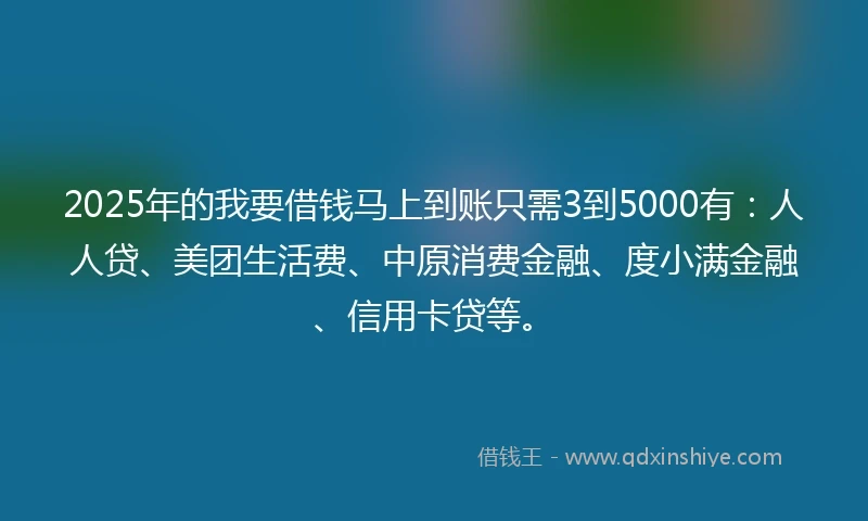 2025年的我要借钱马上到账只需3到5000有：人人贷、美团生活费、中原消费金融、度小满金融、信用卡贷等。