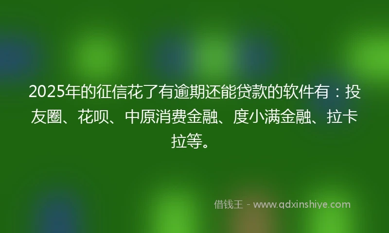 2025年的征信花了有逾期还能贷款的软件有：投友圈、花呗、中原消费金融、度小满金融、拉卡拉等。