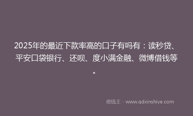 2025年的最近下款率高的口子有吗有：读秒贷、平安口袋银行、还呗、度小满金融、微博借钱等。